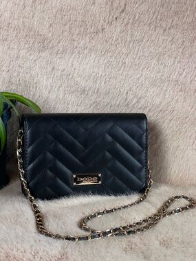 bebe Black Quilted Crossbody with Gold Chain